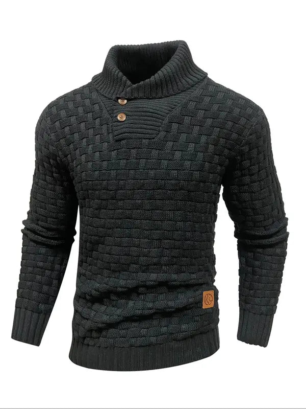 Men's Regular Textured Patched Detail Shawl Collar Sweater