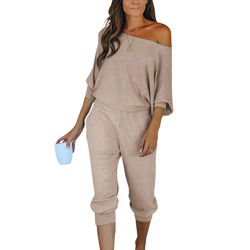 Women's 2-Piece Set Off Shoulder Ribbed Tracksuit Long Sleeves