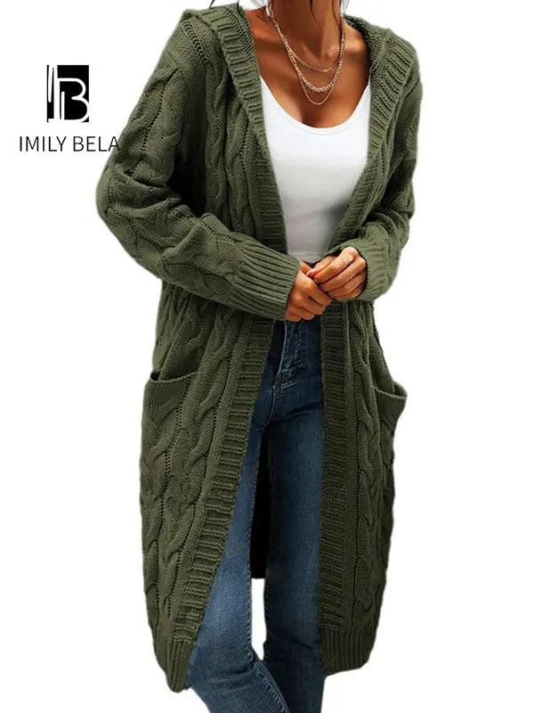 Women's Pocket Drop Shoulder Cardigan, Hooded Long Sleeve Warm Top