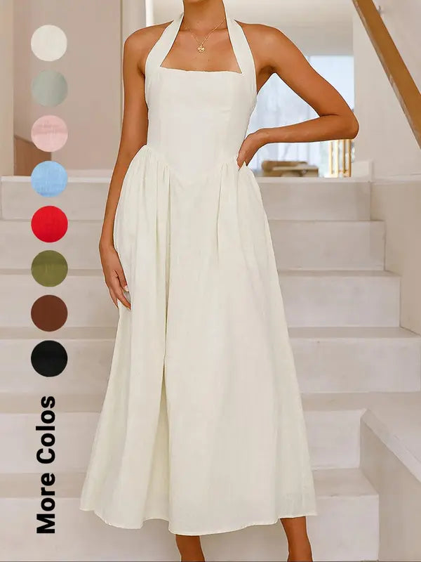 Women's Plain Pocket Zipper Back Dress