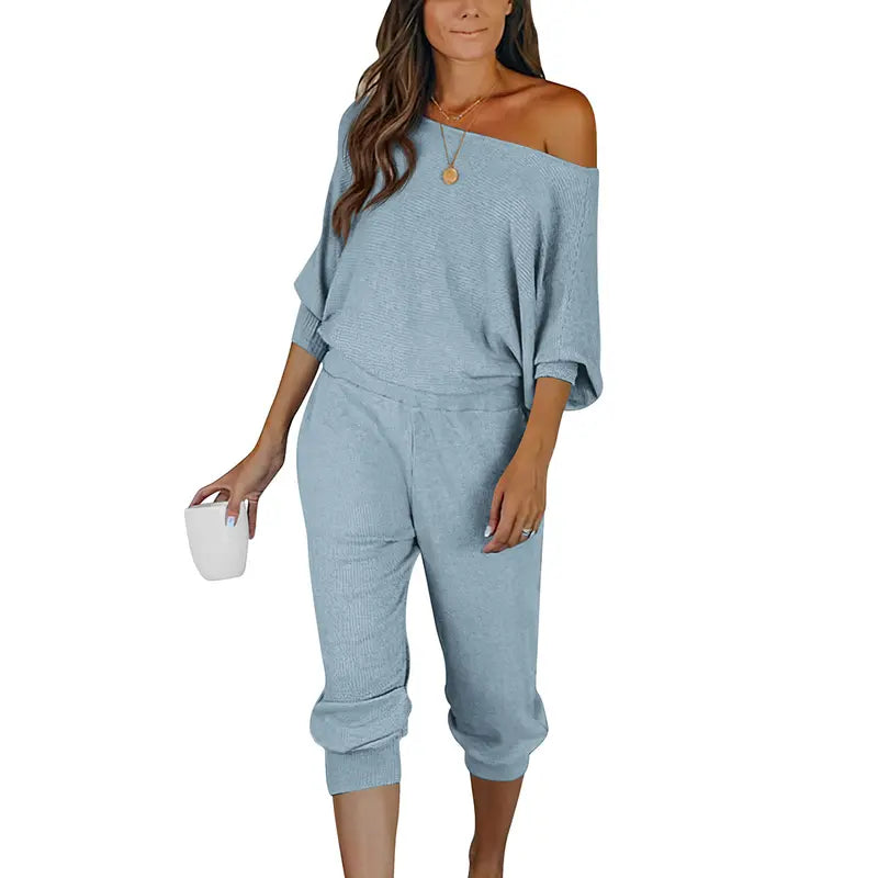 Women's 2-Piece Set Off Shoulder Ribbed Tracksuit Long Sleeves