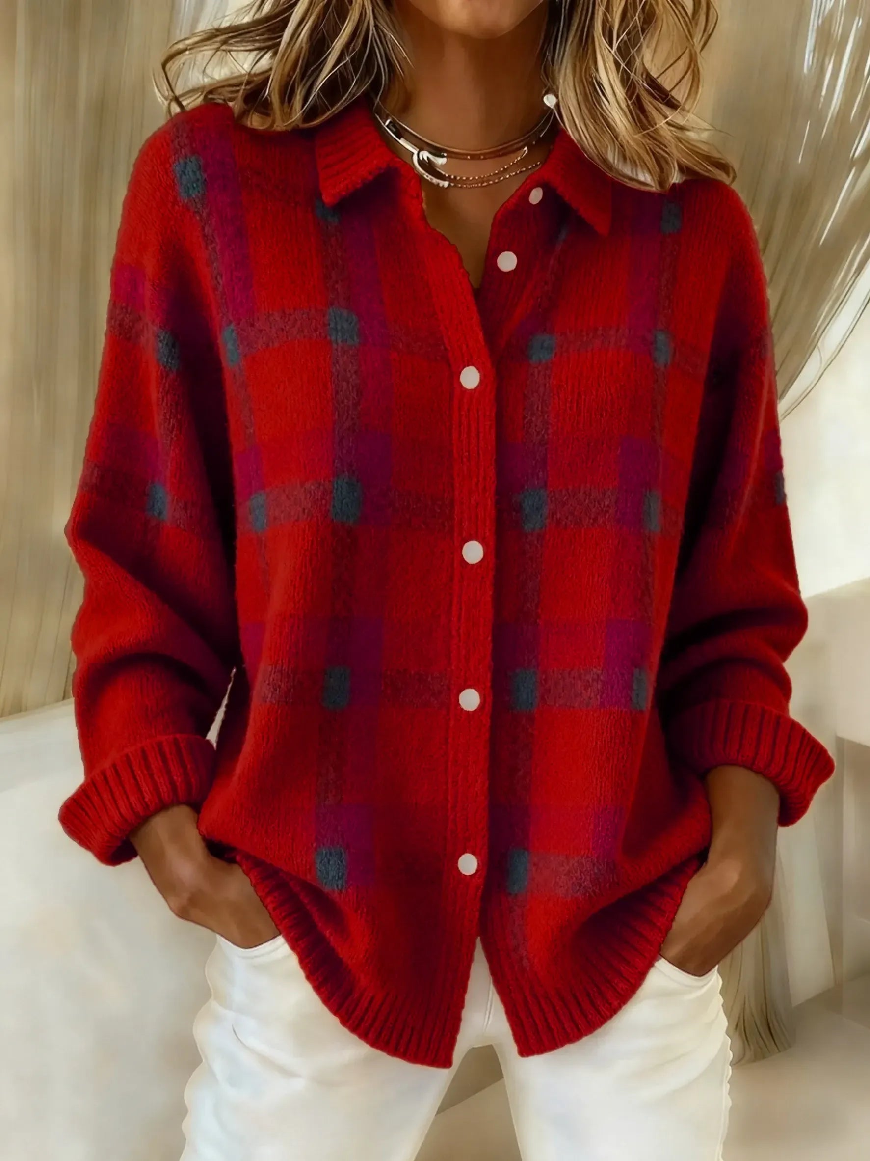 Women's Casual Contrast Color Autumn And Winter Retro Plaid Print Buttoned Cardigan Sweater