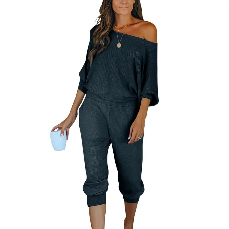 Women's 2-Piece Set Off Shoulder Ribbed Tracksuit Long Sleeves