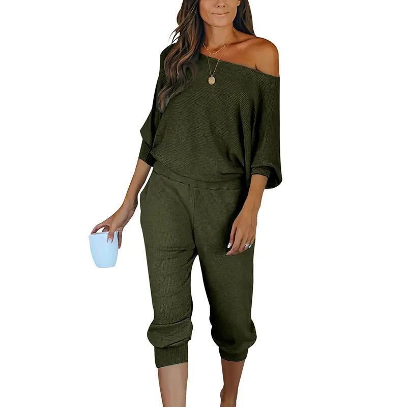 Women's 2-Piece Set Off Shoulder Ribbed Tracksuit Long Sleeves