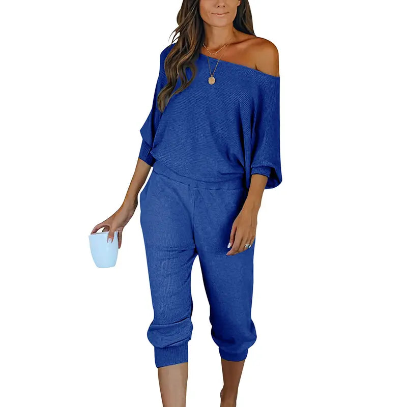 Women's 2-Piece Set Off Shoulder Ribbed Tracksuit Long Sleeves