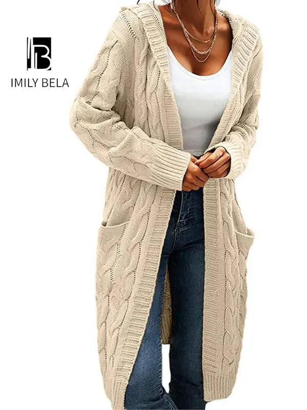Women's Pocket Drop Shoulder Cardigan, Hooded Long Sleeve Warm Top