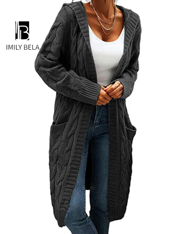 Women's Pocket Drop Shoulder Cardigan, Hooded Long Sleeve Warm Top