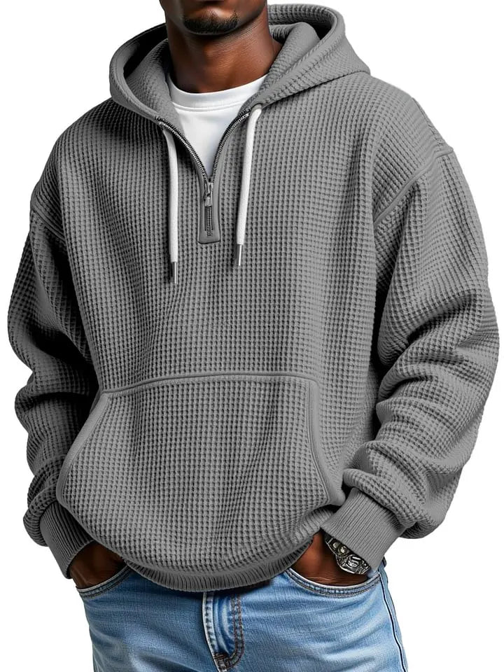 Men's Casual Solid Color Waffle Zipper  Sleeve Hooded Sweatshirt