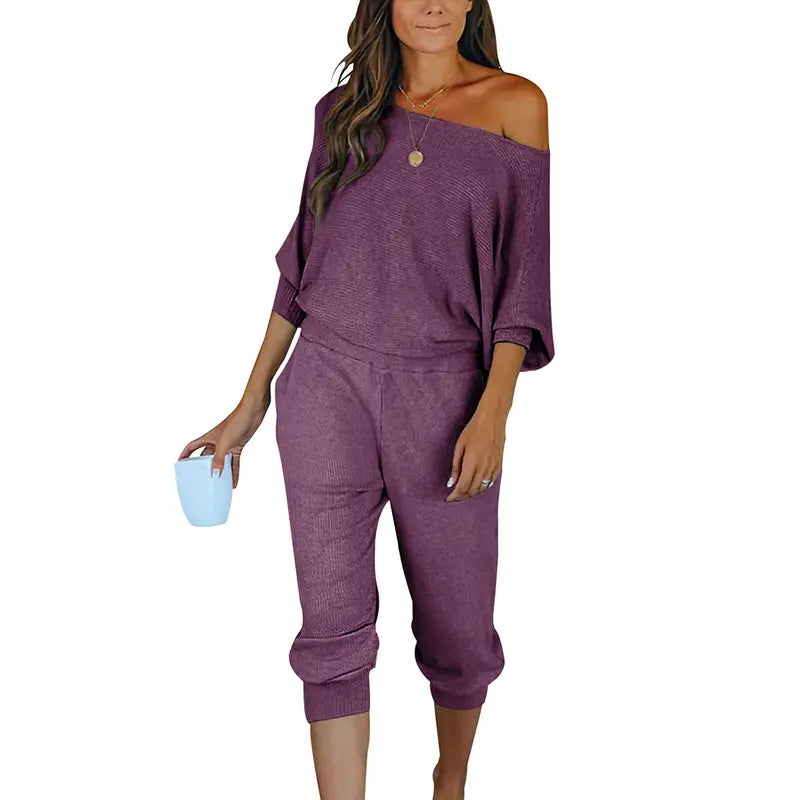 Women's 2-Piece Set Off Shoulder Ribbed Tracksuit Long Sleeves
