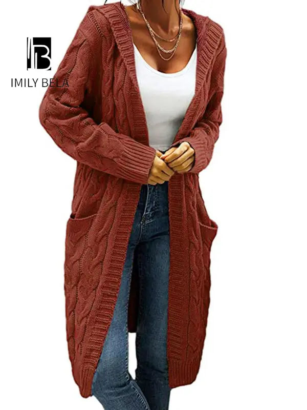 Women's Pocket Drop Shoulder Cardigan, Hooded Long Sleeve Warm Top