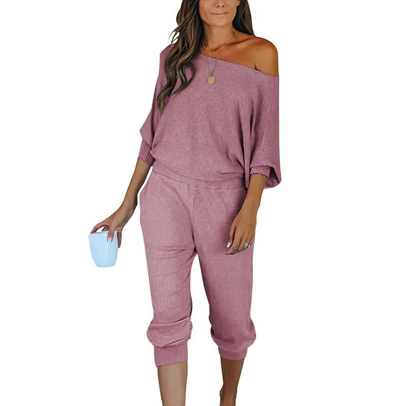 Women's 2-Piece Set Off Shoulder Ribbed Tracksuit Long Sleeves