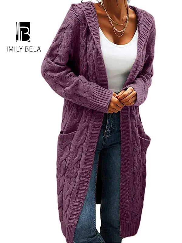 Women's Pocket Drop Shoulder Cardigan, Hooded Long Sleeve Warm Top