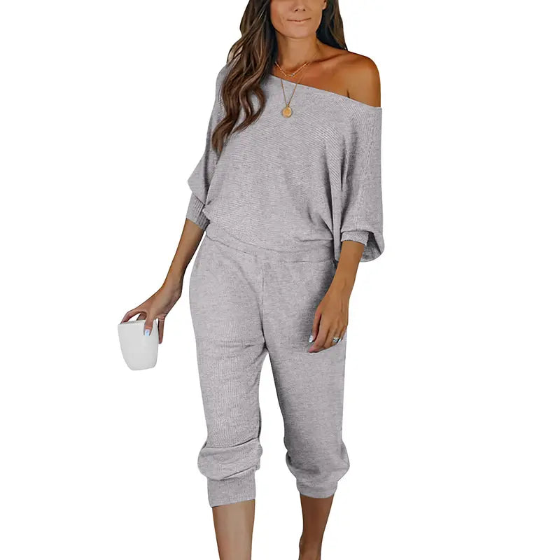 Women's 2-Piece Set Off Shoulder Ribbed Tracksuit Long Sleeves