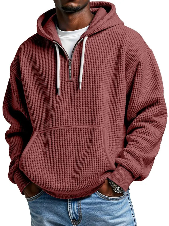 Men's Casual Solid Color Waffle Zipper  Sleeve Hooded Sweatshirt