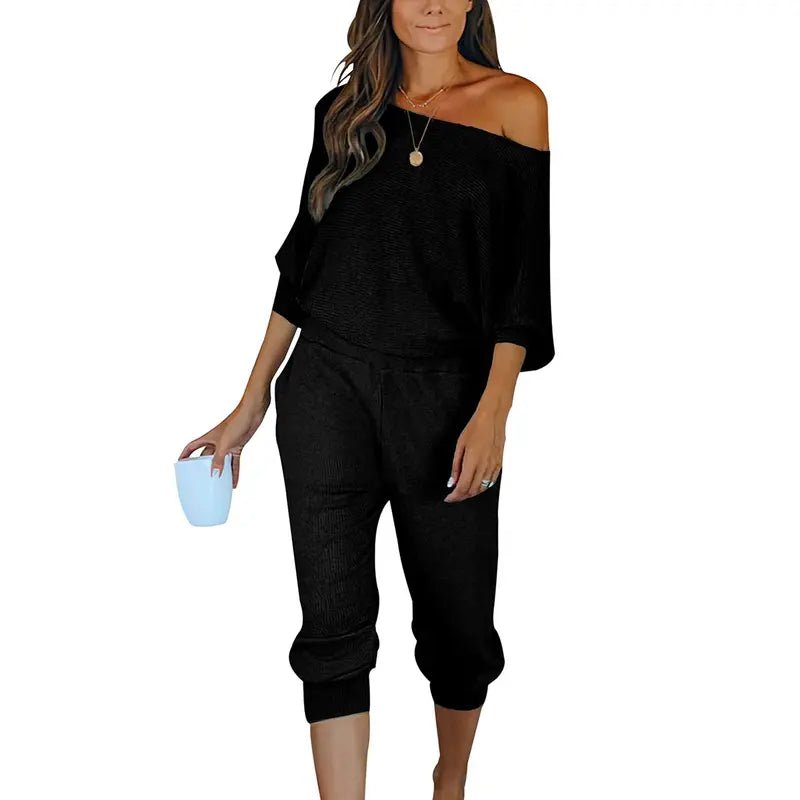 Women's 2-Piece Set Off Shoulder Ribbed Tracksuit Long Sleeves