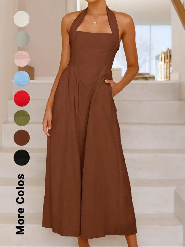 Women's Plain Pocket Zipper Back Dress