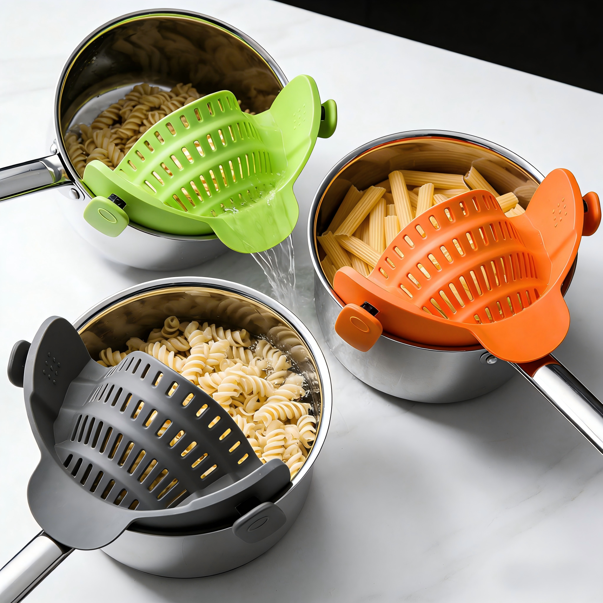 Silicone Clip-On Colander, Heat Resistant Drainer for Vegetables and Pasta Noodles, Kitchen Gadgets for Bowl, Pots, and Pans Utensils