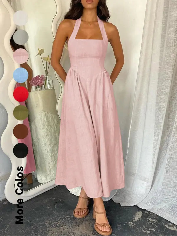 Women's Plain Pocket Zipper Back Dress