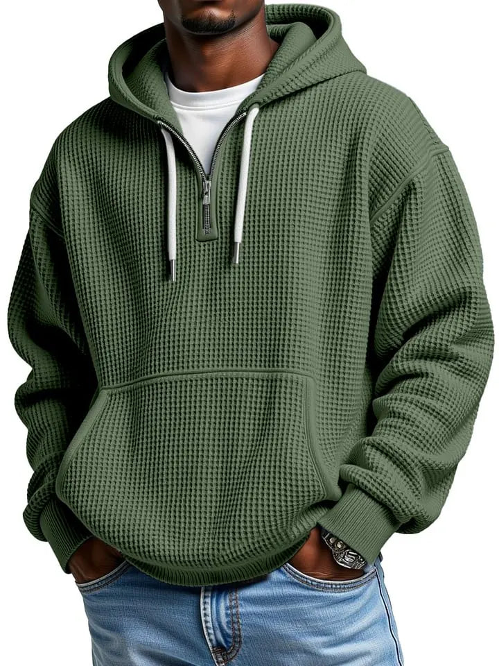 Men's Casual Solid Color Waffle Zipper  Sleeve Hooded Sweatshirt