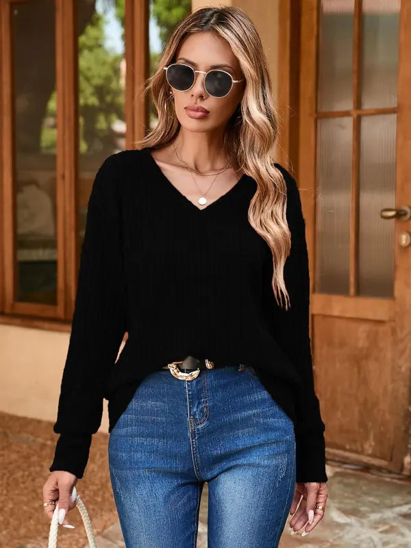 Women's Plain Drop Shoulder V Neck Tee Knitwea