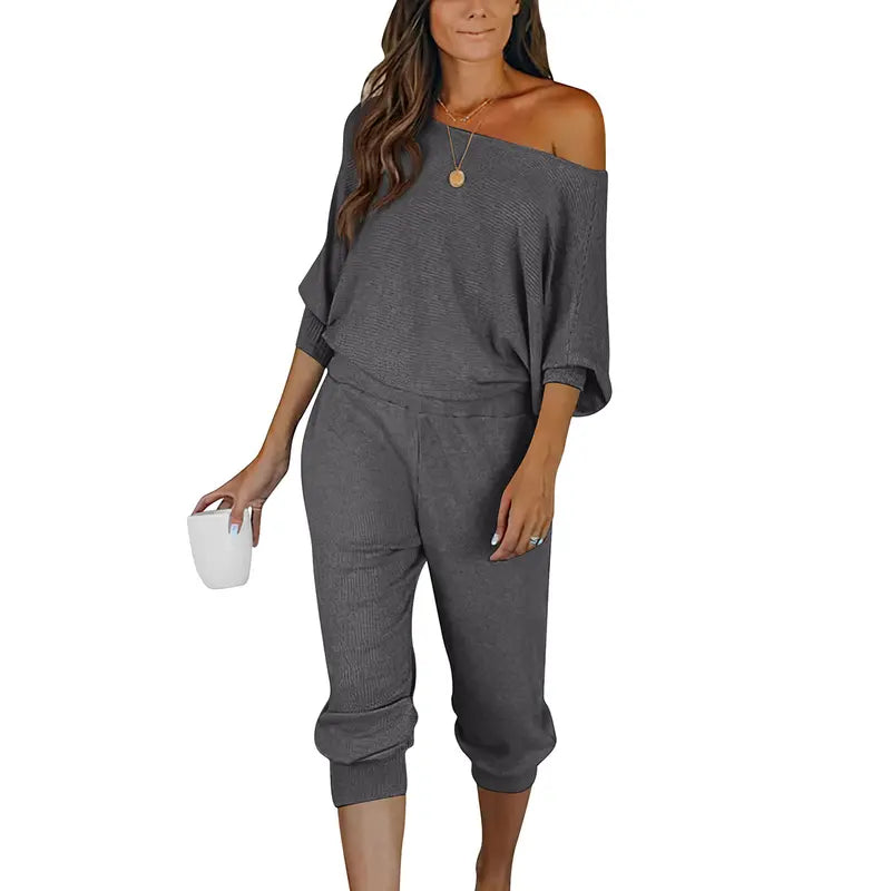 Women's 2-Piece Set Off Shoulder Ribbed Tracksuit Long Sleeves