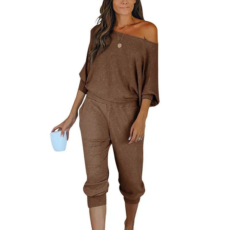 Women's 2-Piece Set Off Shoulder Ribbed Tracksuit Long Sleeves