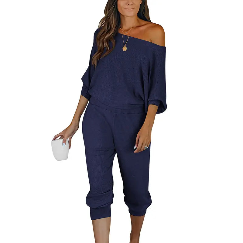 Women's 2-Piece Set Off Shoulder Ribbed Tracksuit Long Sleeves